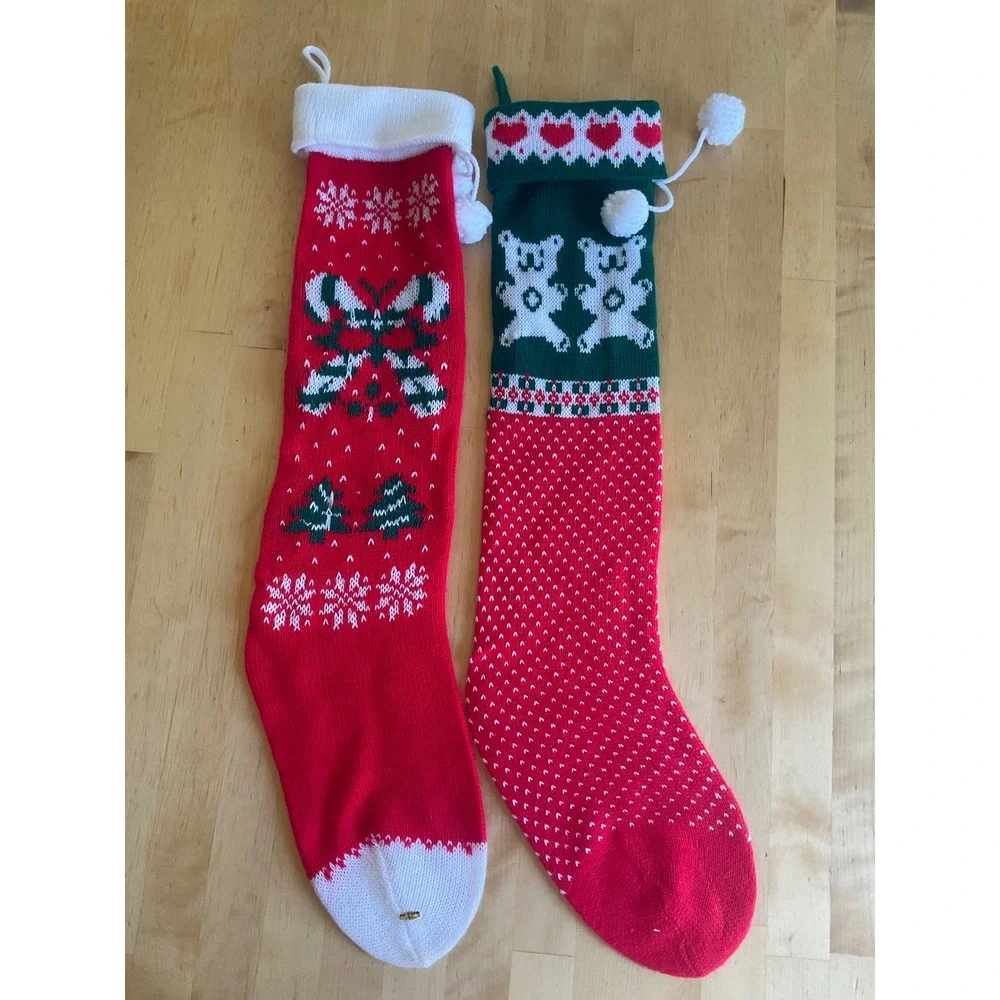 Vintage Knit Christmas Stockings Set 2 Teddy Bear Candy Cane Red Green Pom Poms